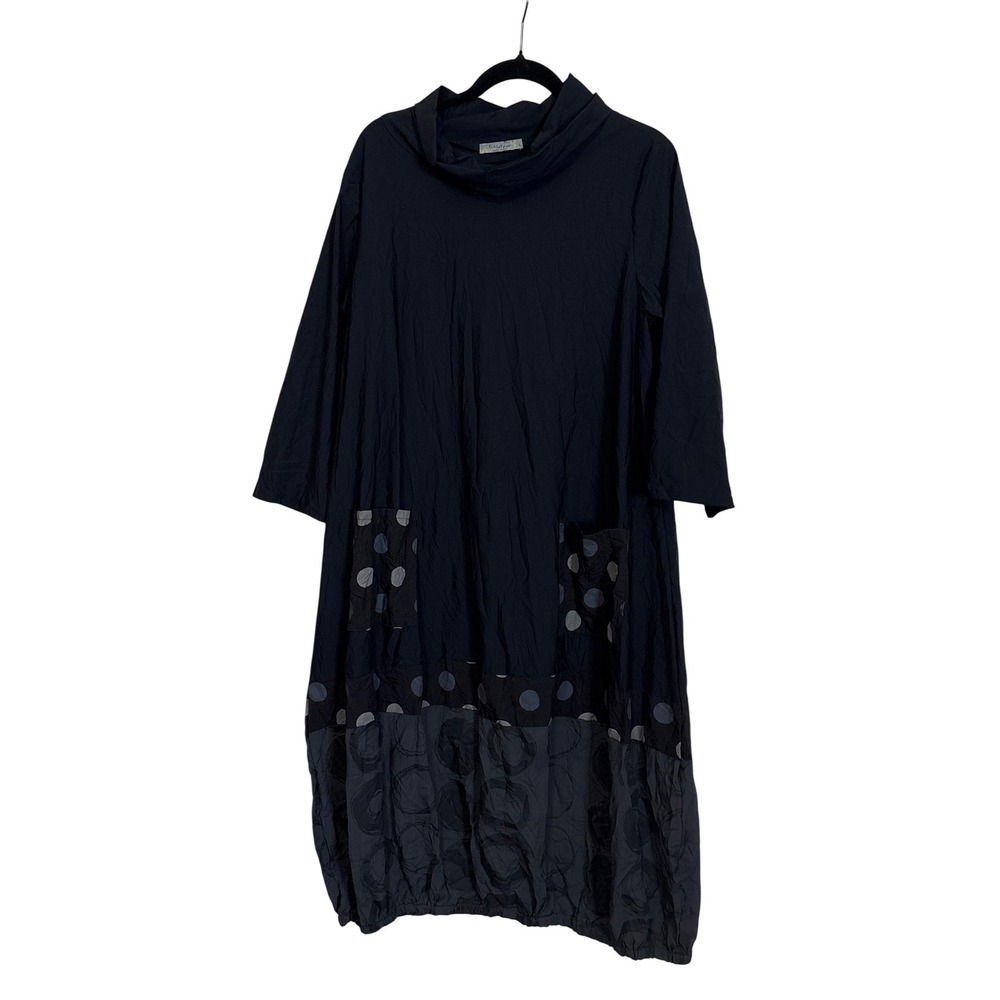 Chalet et Ceci Black Nylon Crinkle Lagenlook Bubble Hem Midi Dress Womens Large